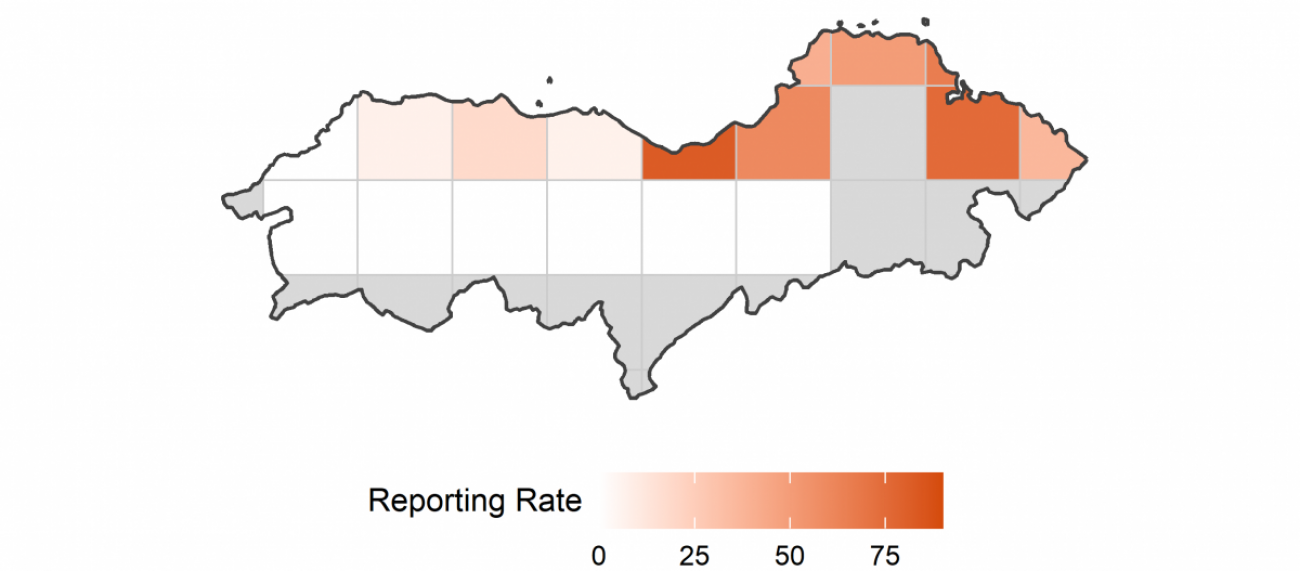 Reporting rate of Eider per 10-km square in Lothian in 2020.