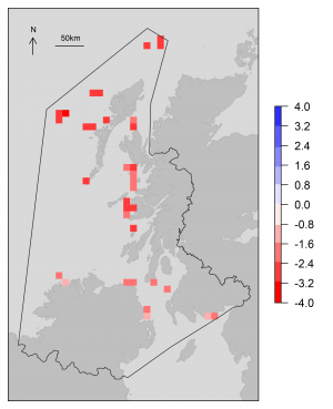 Map of projected change in Puffin breeding pairs.