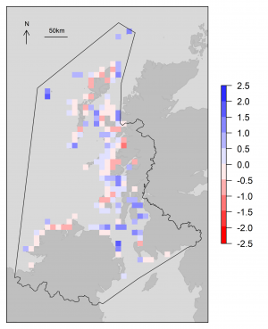 Map of projected change in Shag breeding pairs.