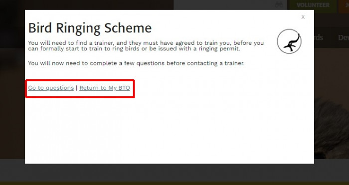 Screenshot of webpage to take you to questions for ringing trainers Screenshot of webpage to take you to questions for ringing trainers