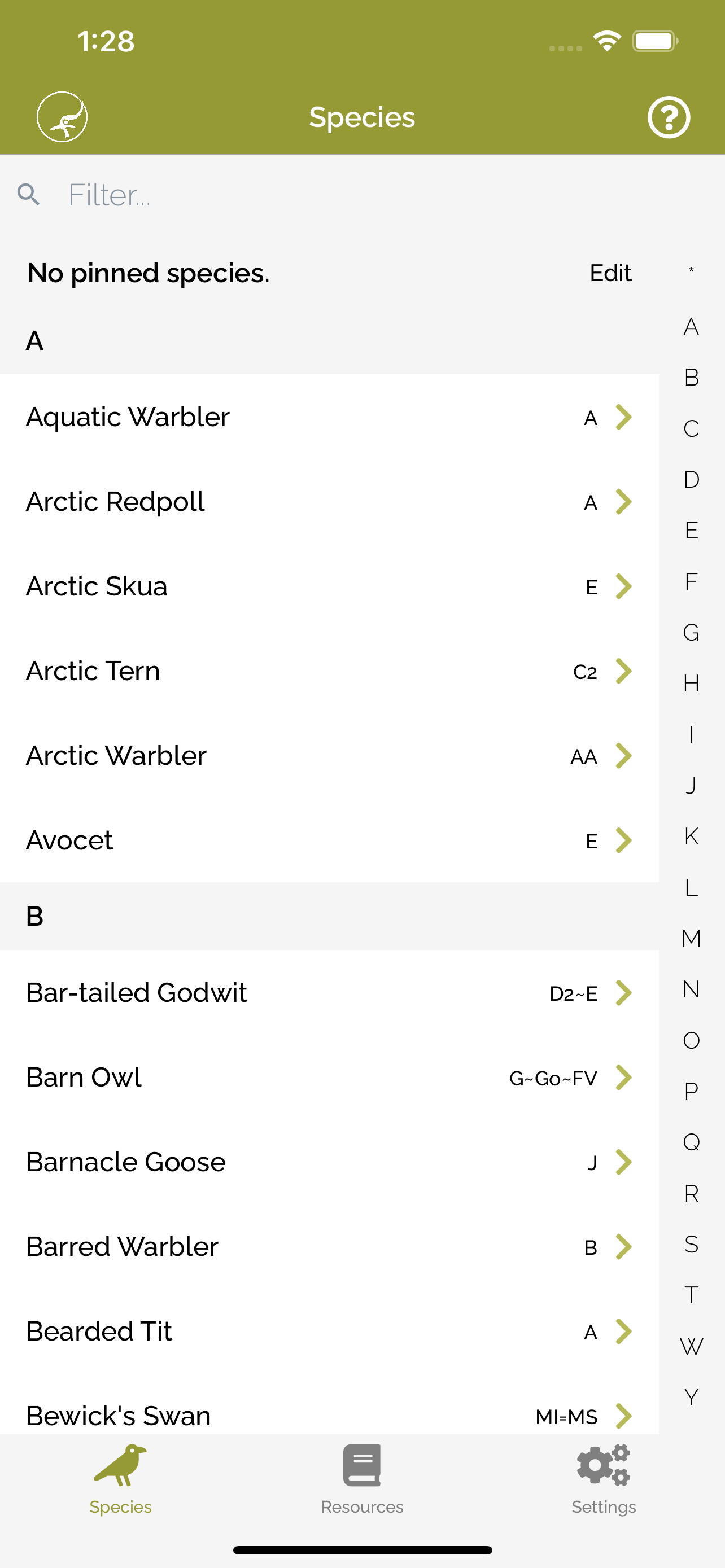 Screenshot of the Species section in the app