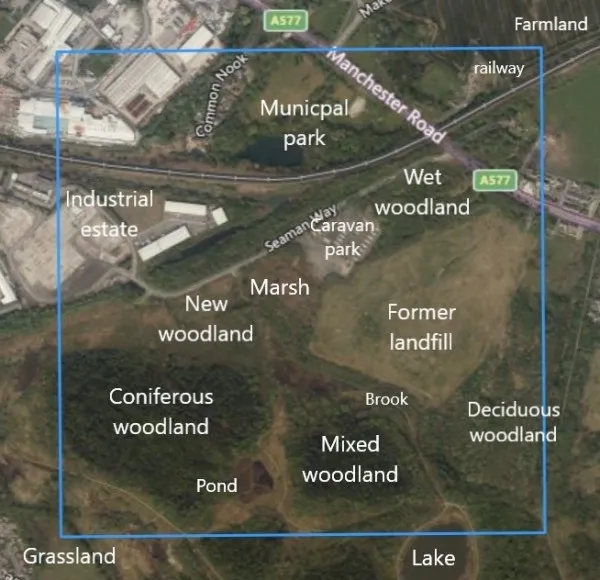 Different habitat types at SD6004 (the BBS square). An aerial view of Wigan