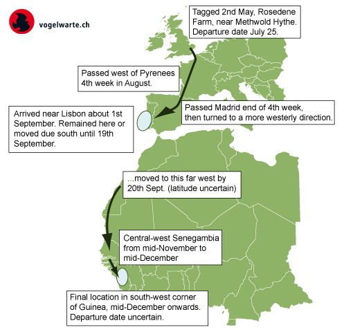 Map showing tracked Nightingales route