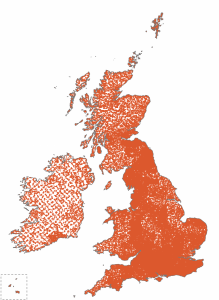 map showing every tetrad with TTV coverage in the breeding season