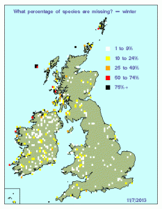 Map showing the percentage of species missing - winter.