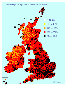 Map showing percentage of species confirmed to breed